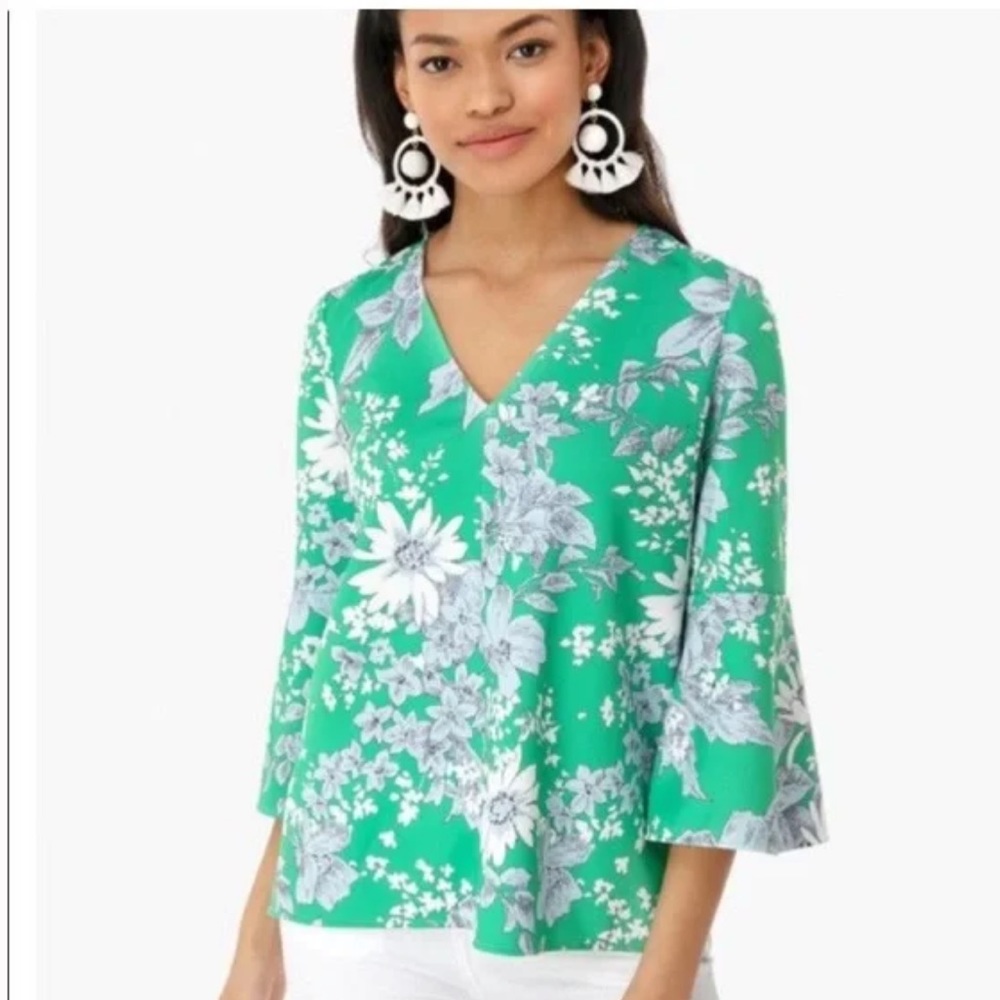 Tuckernuck Green Floral V-Neck Bell Sleeve Top